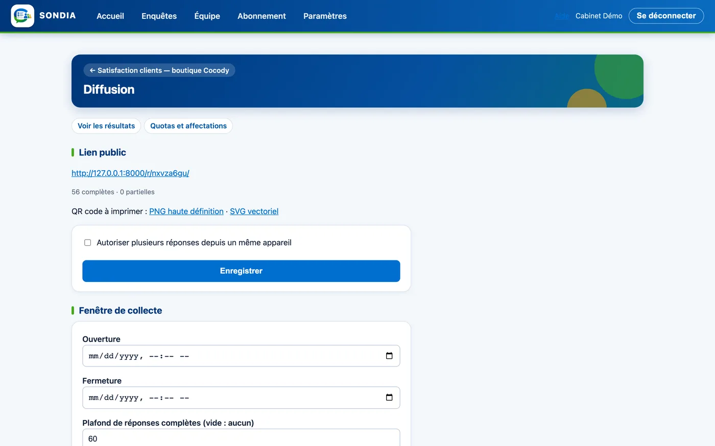 Page de diffusion Sondia : lien public et QR code à imprimer