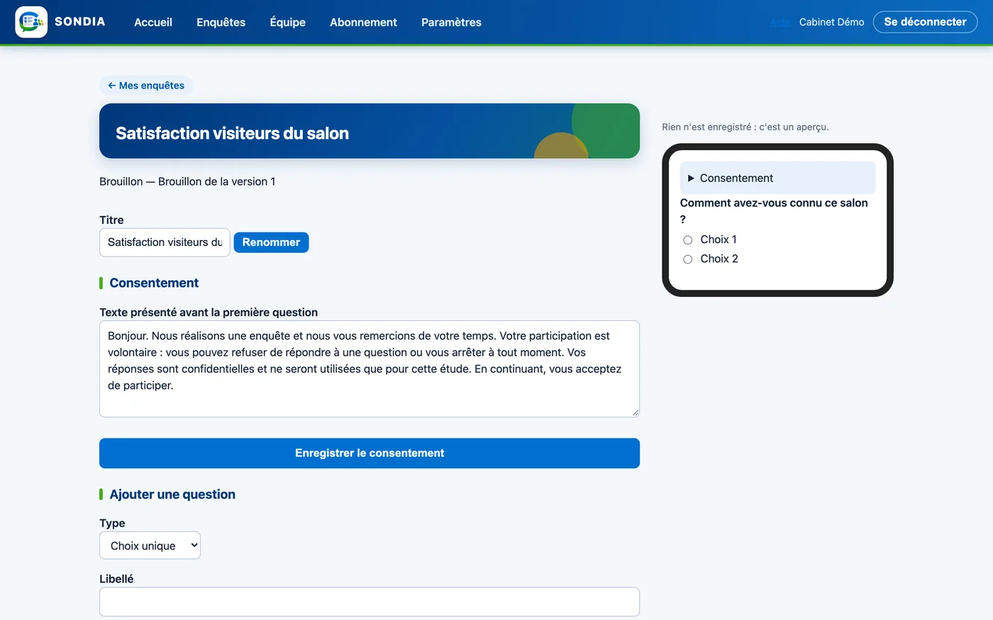 Éditeur de questionnaire Sondia, avec aperçu en direct sur la droite